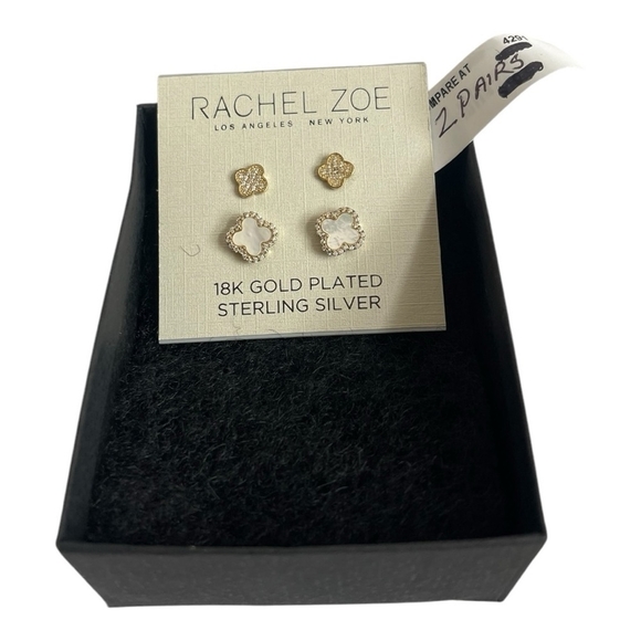NWT Earrings RachelZoe Gold Sterling Silver Mother of Pearl Clover Stud Earrings - Picture 4 of 6